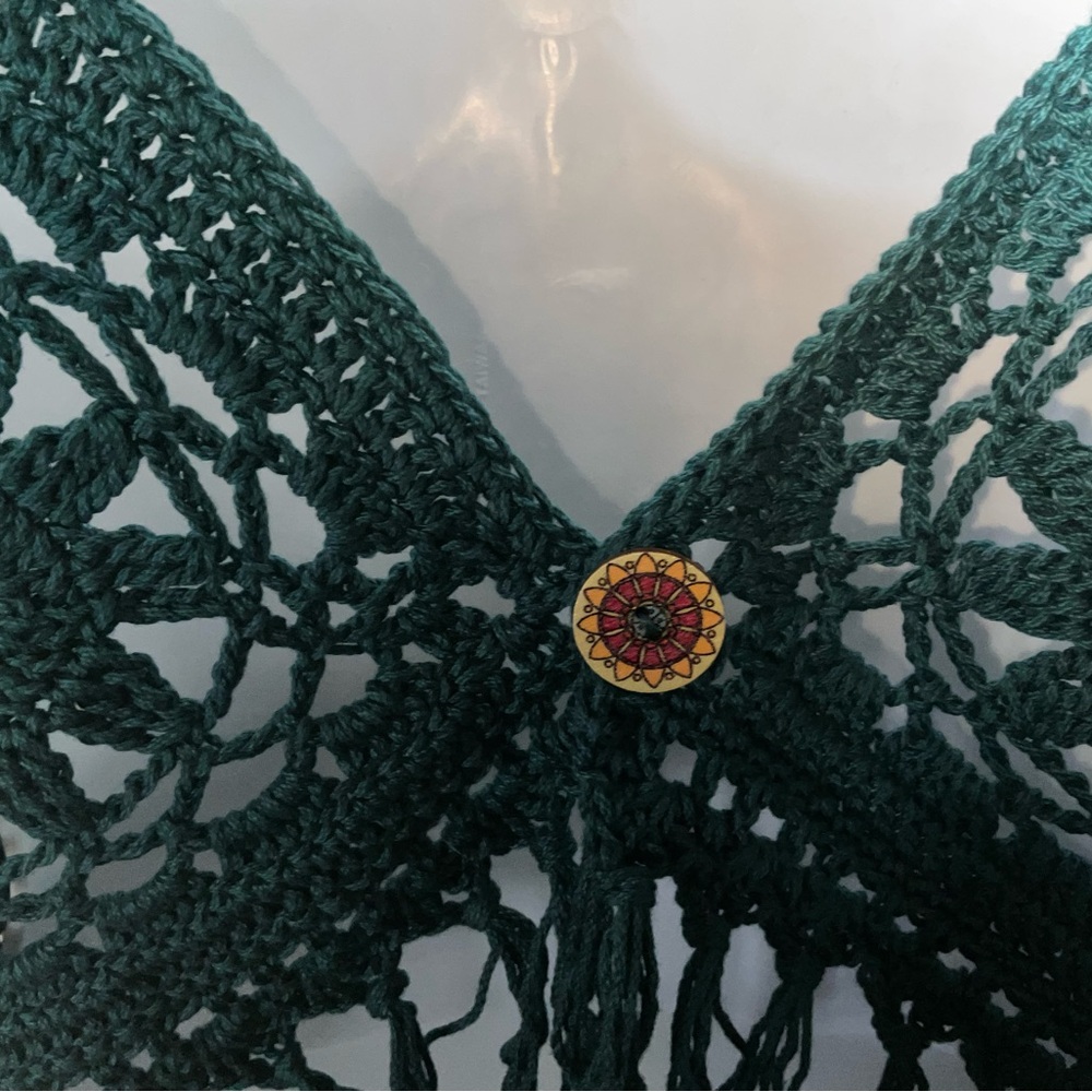 Hand Crafted Halter Crochet  Bohemian with Fringe Coverup  M/L Teal Green/Blue - Picture 4 of 11